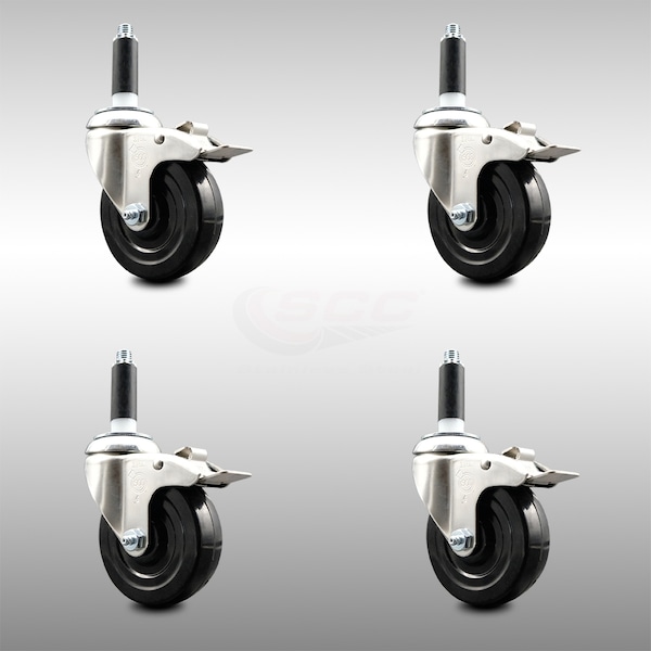 4 Inch 316SS Hard Rubber Wheel Swivel 7/8 Inch Stem Caster Set Lock Brake SCC